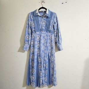 Light Blue Long Sleeve Lace-Inset Midi Dress